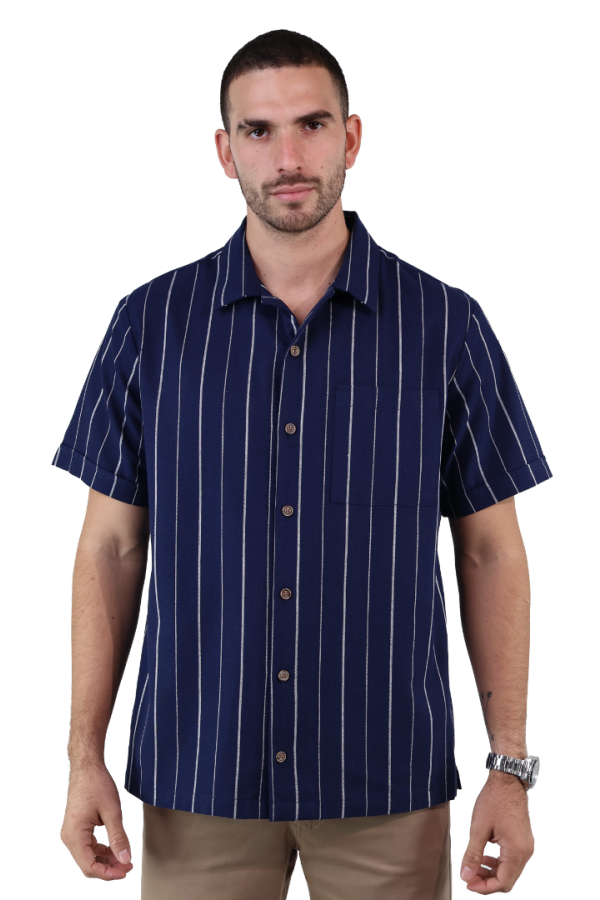 Camisa Manga Corta Resort Azul Marino Estampado Vertical De Algodón Para Hombre